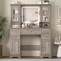 HUANLEGO Farmhouse Makeup Vanity Desk with Mirror and LED Lights, Grey | Vanity Mirror with Lights Desk for Women, Makeup Table Set with RGB Cabinet and 6 Drawers, Charging Station , 3 Light Modes