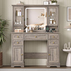 HUANLEGO Farmhouse Makeup Vanity Desk with Mirror and LED Lights, Grey | Vanity Mirror with Lights Desk for Women, Makeup Table Set with RGB Cabinet and 6 Drawers, Charging Station , 3 Light Modes
