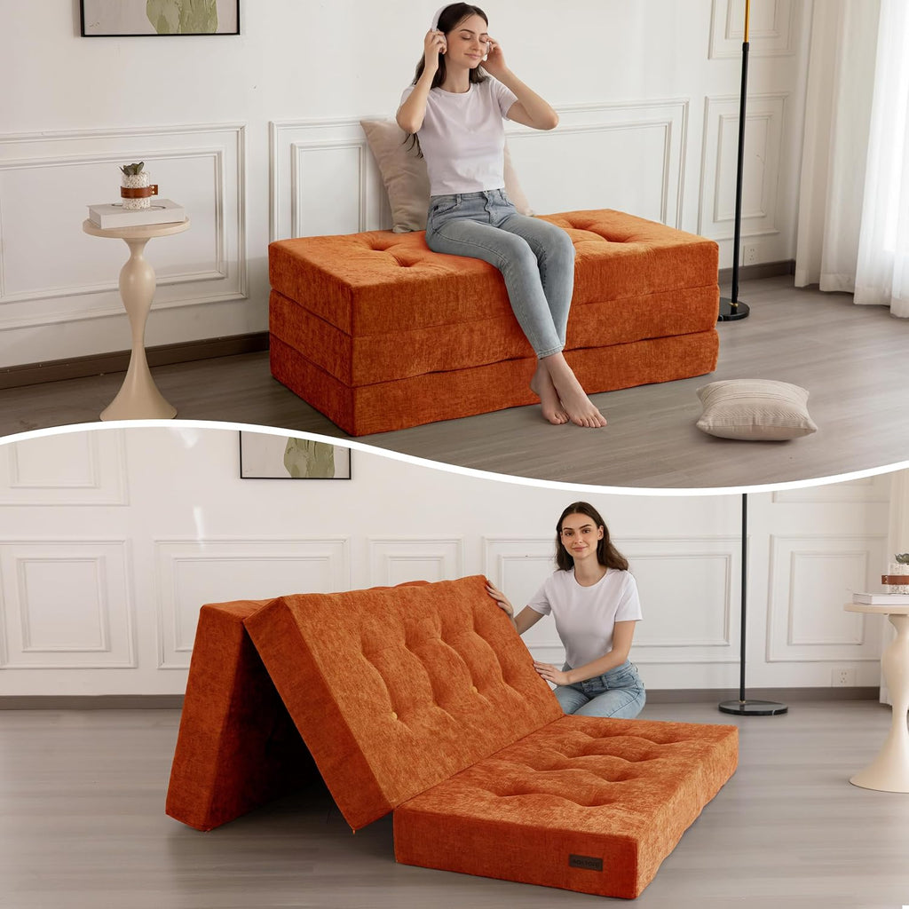 MAXYOYO 6" Folding Sofa Bed for Floor, Tufted Tri-Fold Floor Mattress | Full Size Portable Sofa Couch Guest Mat with Chenille Fabric for Adults, Foldable Topper for Camping, Orange, Full