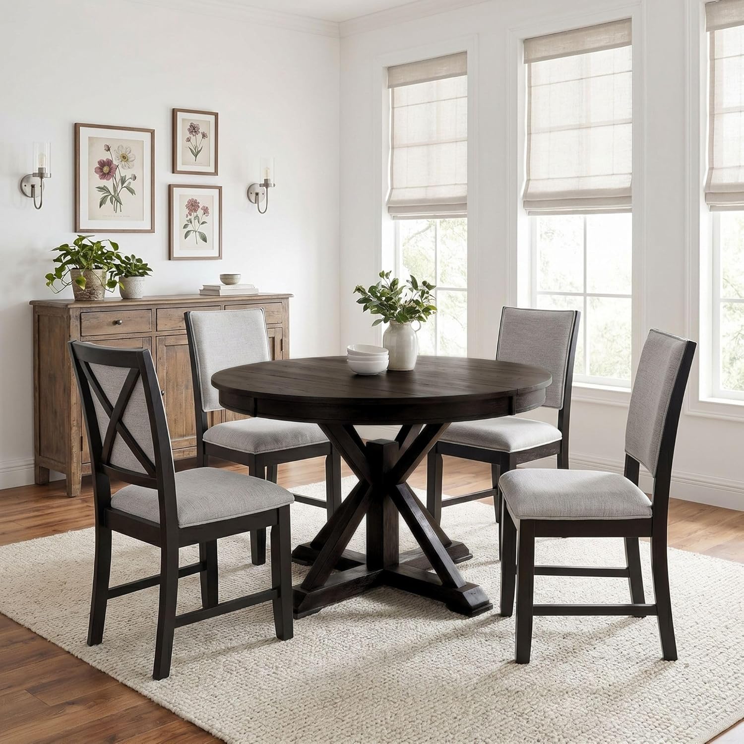 42"-54" Extendable Dining Table for 4-6 People Farmhouse Round/Oval Dining Room Table Solid Wood Kitchen Table with Cross Base (Dark Brown)