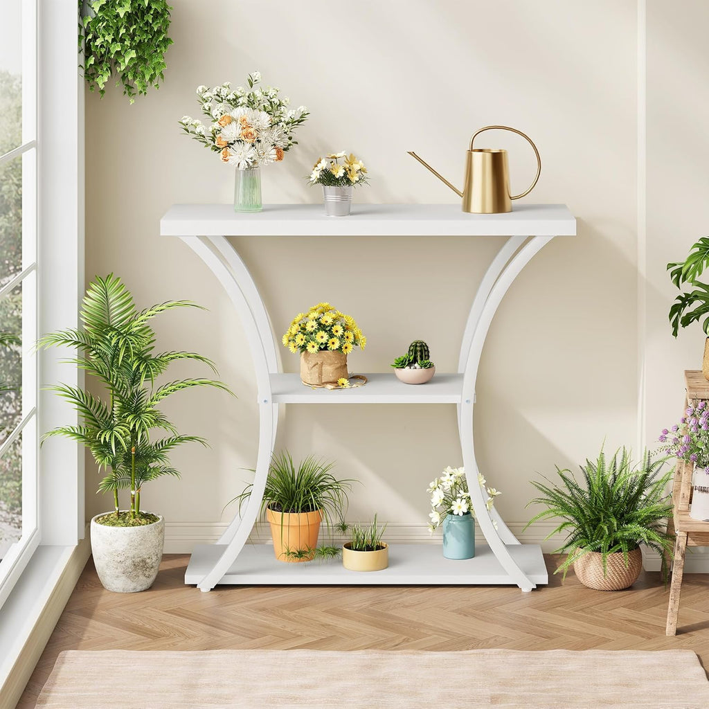 Hoctieon 3 Tier Console Table with Open Wood Shelves, Decorative Entryway Table with Curved Metal Frames, Narrow Sofa Table for Entrance, Living Room, Hallway, White