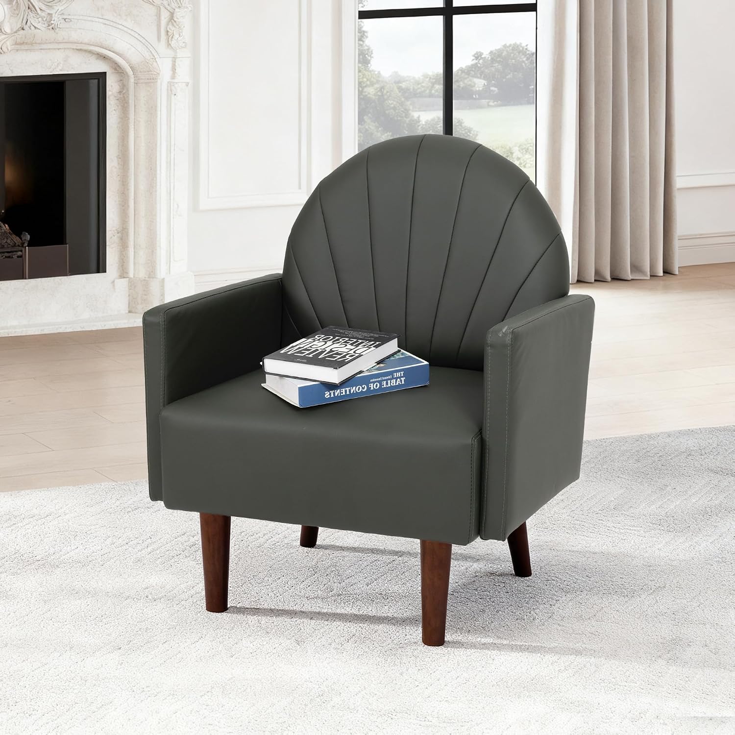 Modern Upholstered Single Sofa Chair，PU Leather Armchair Vanity Chair Shell Back Accent Chair with High Resilience Foam Cushion, Spacious Seating Reading Chair for Living Room Bedroom (Sage Green)