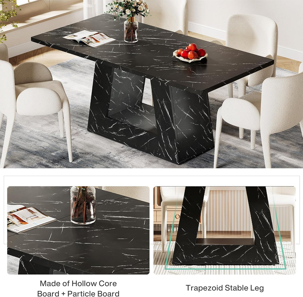 Tribesigns Dining Table for 4 to 6 People, 63" Rectangular Dining Room Table, Modern Wooden Faux Marble Dinner Table with Sturdy Base for Kitchen, Living Room, Black