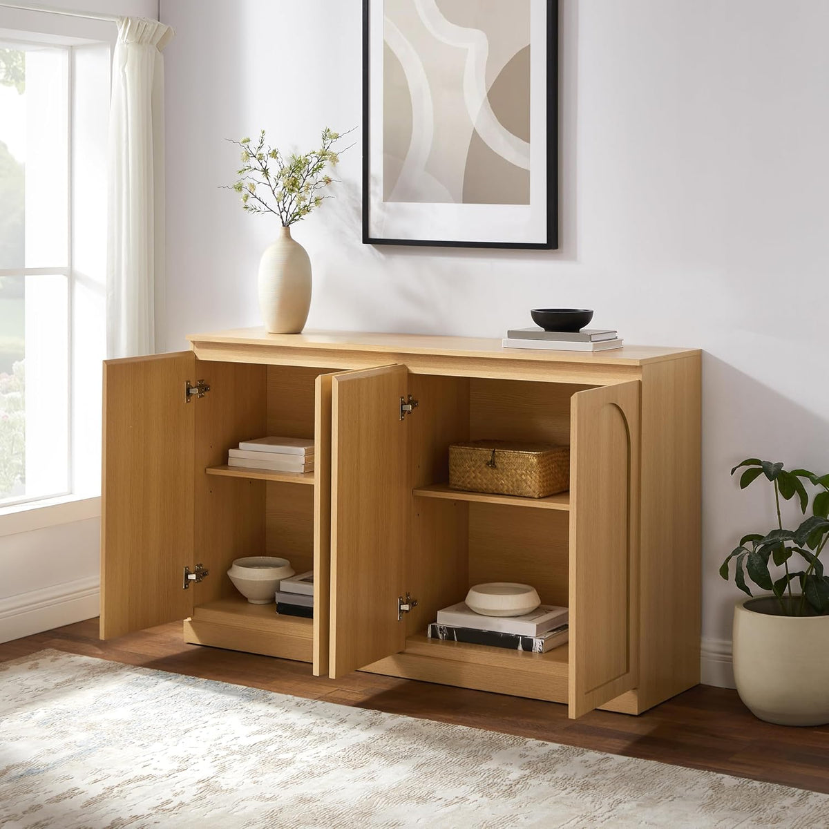 Crosley Furniture Marco Modern Sideboard Buffet Cabinet with Shelves, Dining Room, Kitchen, TV Stand Console, Ash