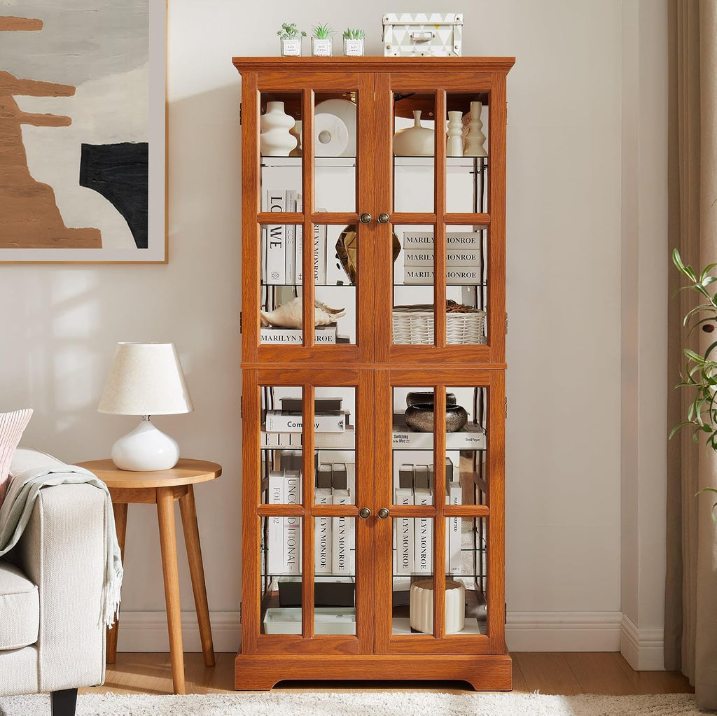 69" Lighted Display Cabinet with 4 Glass Doors, Tall Elegant Bookcase with Adjustable Shelves, Light Bulb Included, Wooden Storage Organizer Cabinet for Collectibles, Living Room (Dark Oak)