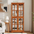69" Lighted Display Cabinet with 4 Glass Doors, Tall Elegant Bookcase with Adjustable Shelves, Light Bulb Included, Wooden Storage Organizer Cabinet for Collectibles, Living Room (Dark Oak)