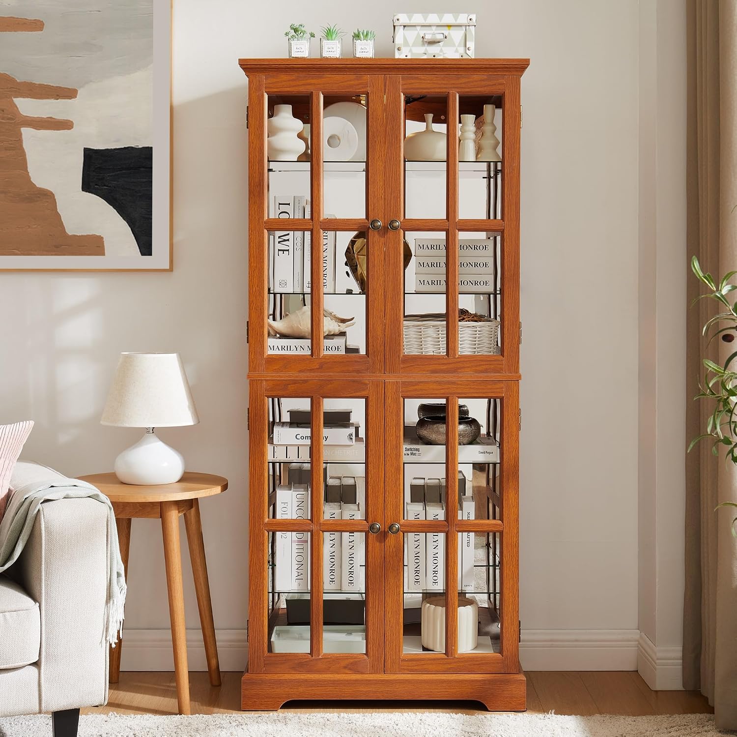 69" Lighted Display Cabinet with 4 Glass Doors, Tall Elegant Bookcase with Adjustable Shelves, Light Bulb Included, Wooden Storage Organizer Cabinet for Collectibles, Living Room (Dark Oak)