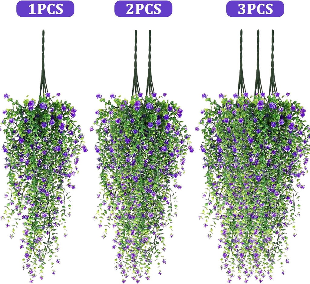 Artificial Hanging Flowers, 3 Pcs Fake Hanging Plants Artificial Vines for Outdoors, Fake Ivy Vine UV Resistant No Fade Faux Plants for Indoor Outside Garden Patio Yard Greenery Decoration (Purple)