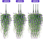 Artificial Hanging Flowers, 3 Pcs Fake Hanging Plants Artificial Vines for Outdoors, Fake Ivy Vine UV Resistant No Fade Faux Plants for Indoor Outside Garden Patio Yard Greenery Decoration (Purple)