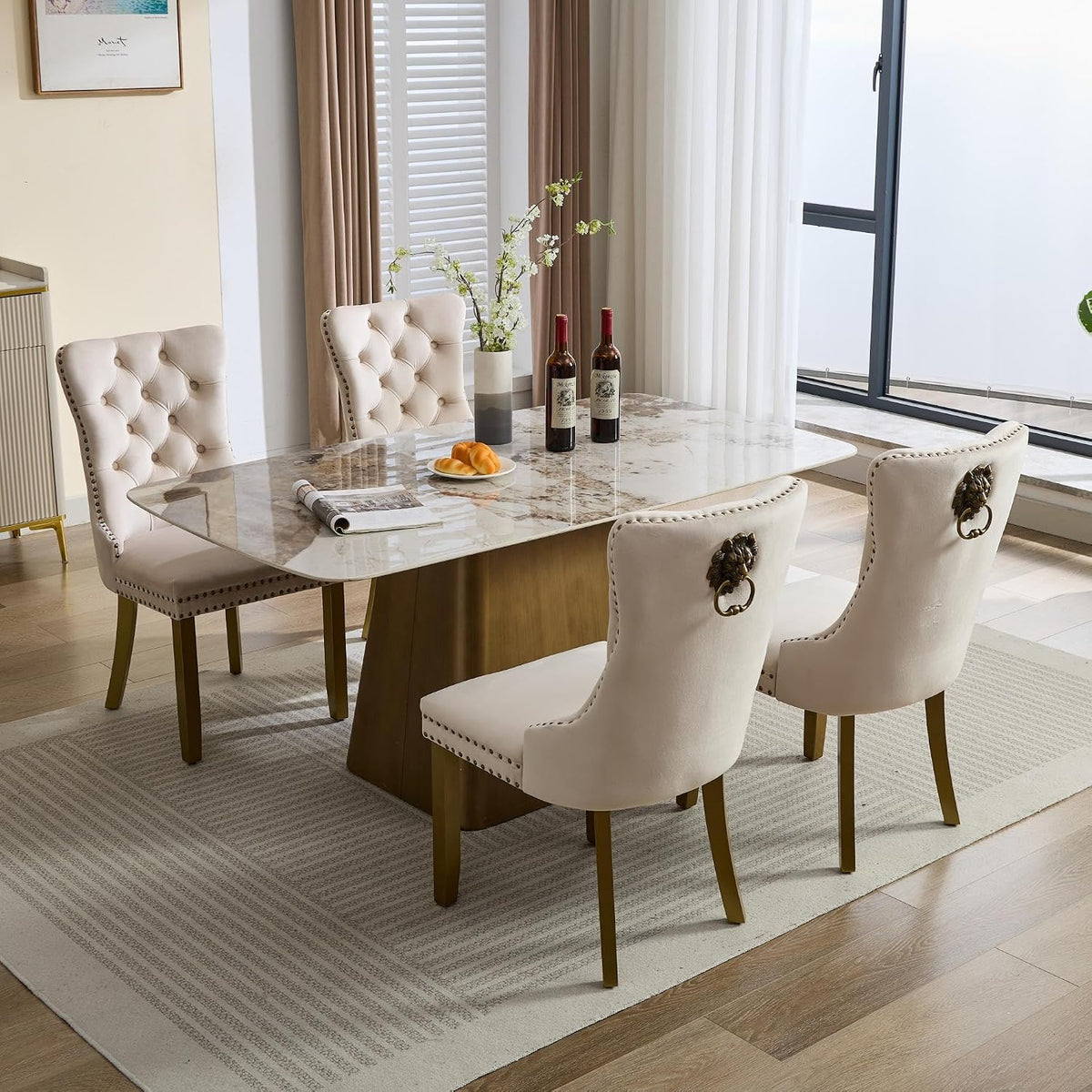 LKTART Dining Chairs Set of 6 Mid-Century Modern Chairs with Lion Head Pull Ring, Velvet Upholstered Dining Chair with Golden Wooden Legs Nailhead Trim for Kitchen Bedroom Dining Room (Beige)