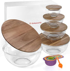 Stackable Space-Saving Set of 5 Nesting Glass Bowls with Acacia Lids for Foodprep, Storage, Mixing & Cooking - Microwave & Oven-ready BPA Free Durable Heat Resistant Inert Borosilicate Glass