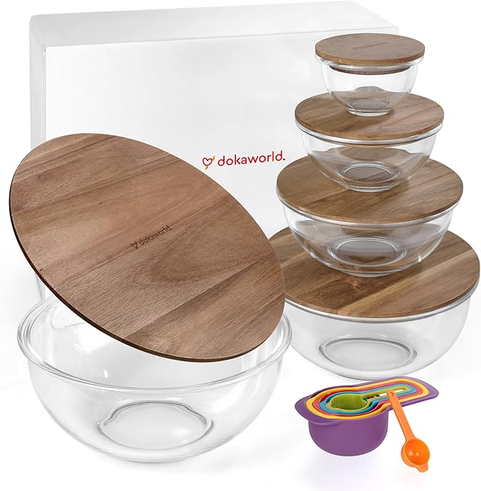 Stackable Space-Saving Set of 5 Nesting Glass Bowls with Acacia Lids for Foodprep, Storage, Mixing & Cooking - Microwave & Oven-ready BPA Free Durable Heat Resistant Inert Borosilicate Glass