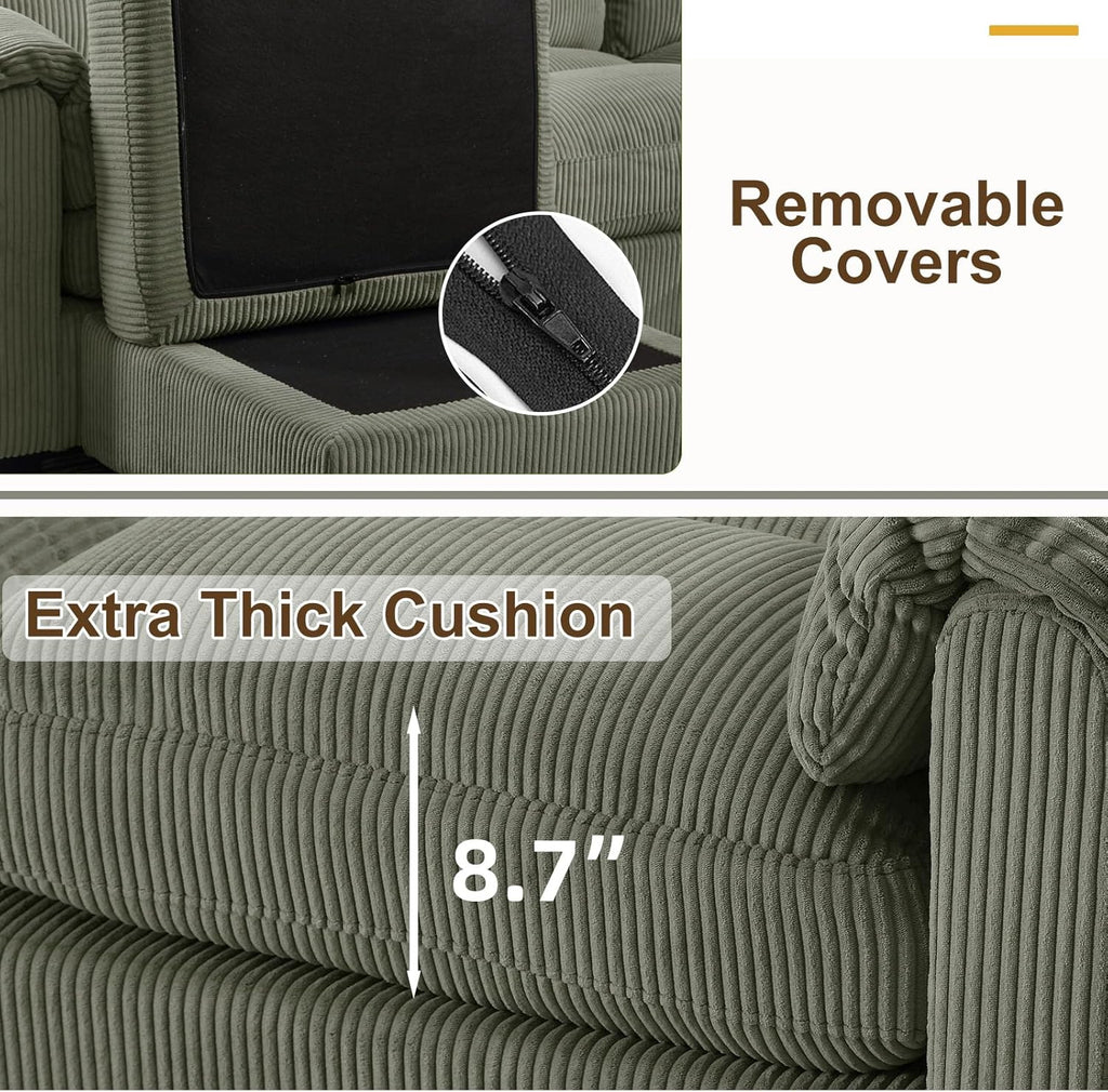 HAOMARKETS Corduroy Sofa Set, Upholstered Ottoman Footrest, Modern Living Room Furniture Sets,Green