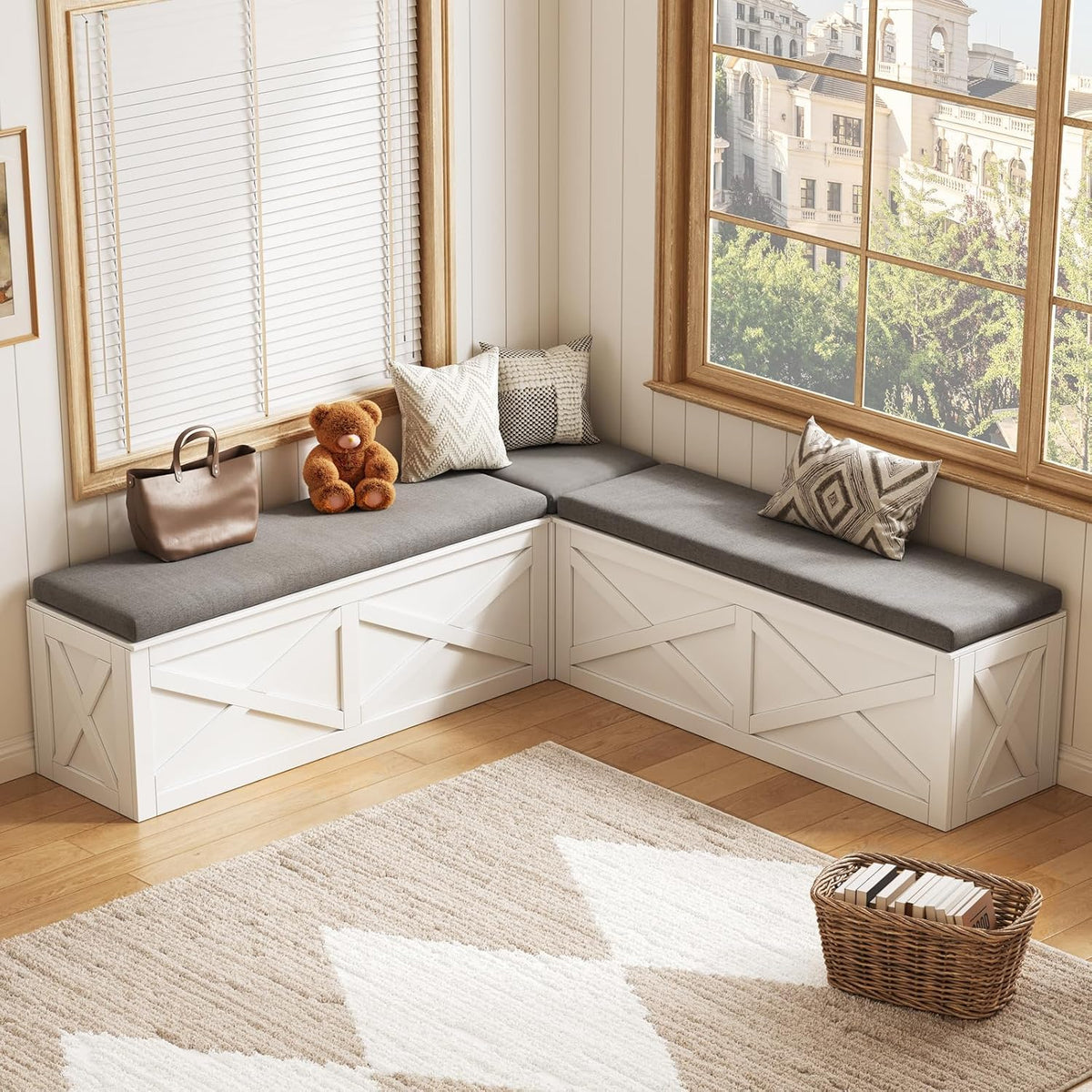 L-Shape Storage Bench with Cushion, Farmhouse Corner Dining Bench, Kitchen Breakfast Nook Bench with Hidden Storage for Dining Room, Entryway, Cloakroom, White