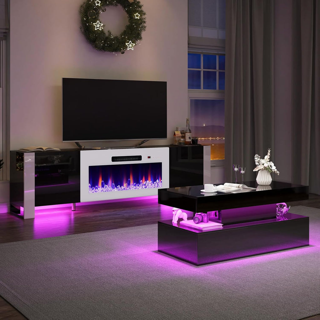 VanAcc 3-Piece Modern Living Room Table Sets, 70" Modern LED TV Stand with 36" Electric Fireplace, High Gloss Coffee Tables for Living Room, Black & White