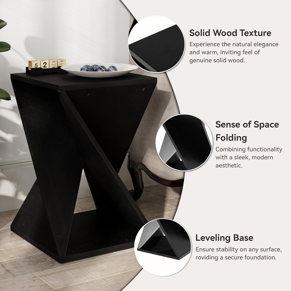 COZAYH Farmhouse End Table Square Solid Wood Pedestal Side Table Rustic Plant Stand with Twisted Design for Living Room, Bedroom, Office, Black