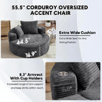 Oversized Round Chair Lounge Chaise Indoor, 55.5" Upholstered Corduroy Deep Seat Single Cloud Sofa Chair with Cup Holder, Modern Large Circle Sleeper Sofa for Living Room, Dark Grey