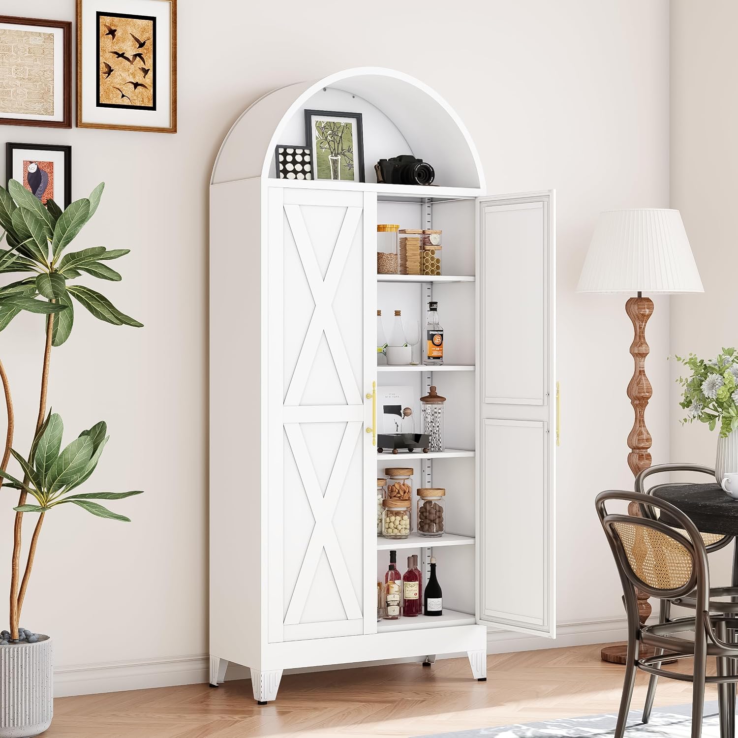 Winiowa Metal Arched Kitchen Pantry Cabinet, 73" Tall Arched Storage Cabinet with 2 Doors & 4 Shelves, Modern Farmhouse Kitchen Storage Cabinets, White