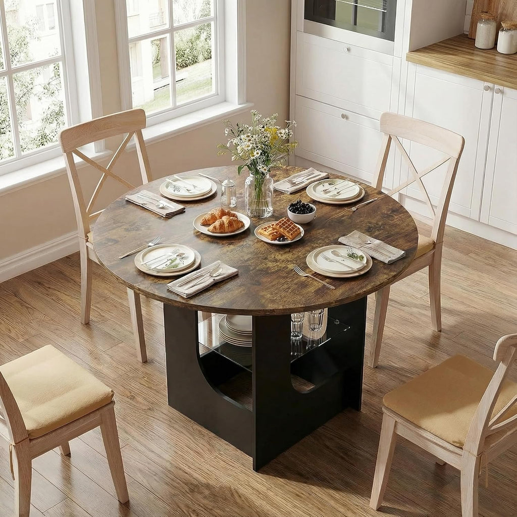 ARTETHYS 43.3"-59" Extendable Round Dining Room Table for 4-8 with Lights Oval Modern Table with Hidden Leaf and Glass Storage Shelf for Kitchen Living Room, Rustic