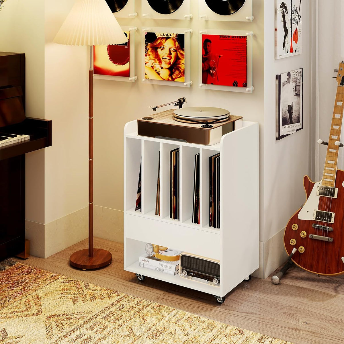 Giantex Record Player Stand, Rolling Turntable Stand with Drawer & Lockable Wheels, Record Player Table Holds Up to 150 Albums, Vinyl Record Storage for Living Room Bedroom, White