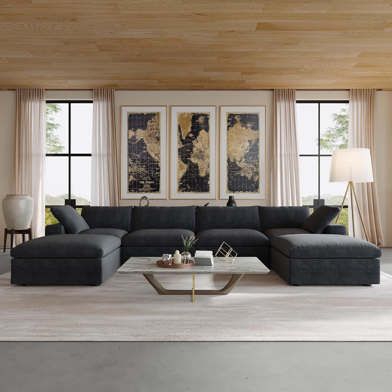 JACH 160.6" U-Shaped Sectional Couch, Modern Modular Convertible Sofa with Chaise Ottomans, Deep 4-Seats Comfy Sectional Cloud Couches for Living Room/Apartment, Bedroom (Black)