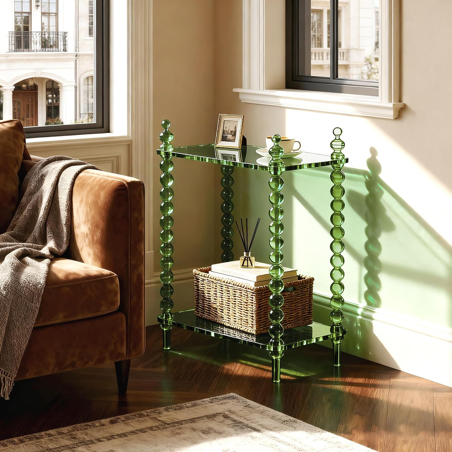 Acrylic Side Table 2-Tier, Clear Nightstand with Storage, Narrow Bedside End Table for Small Spaces (Green, 20.6"×10.4“×26”)