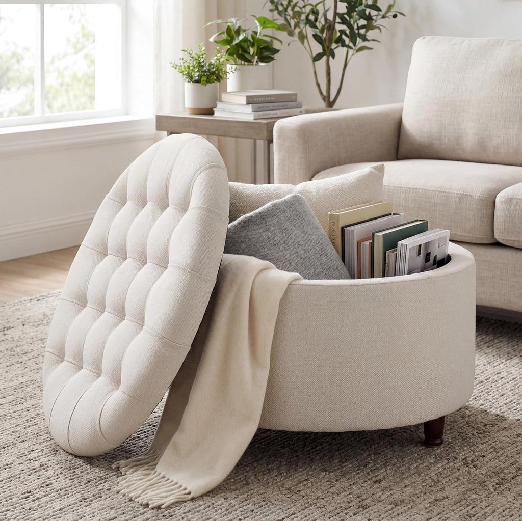 28" Round Storage Ottoman, Tufted Coffee Table for Living Room,Beige | Chenille Upholstered Footrest with Removable-Top & Wood Leg Large Footstool