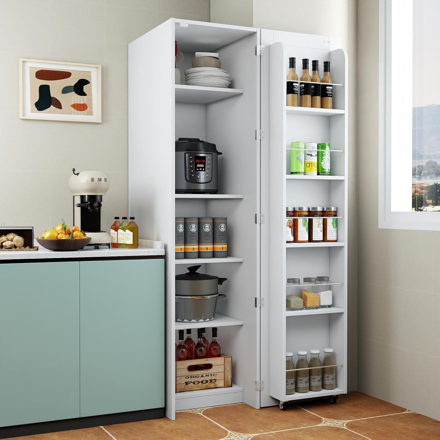 62.99''H Tall Kitchen Pantry Cabinet, Freestanding Corner Buffet Sideboard with Door Shelves and Adjustable Shelves, Narrow Storage Pantry for Kitchen Living Room Dinning Room, White
