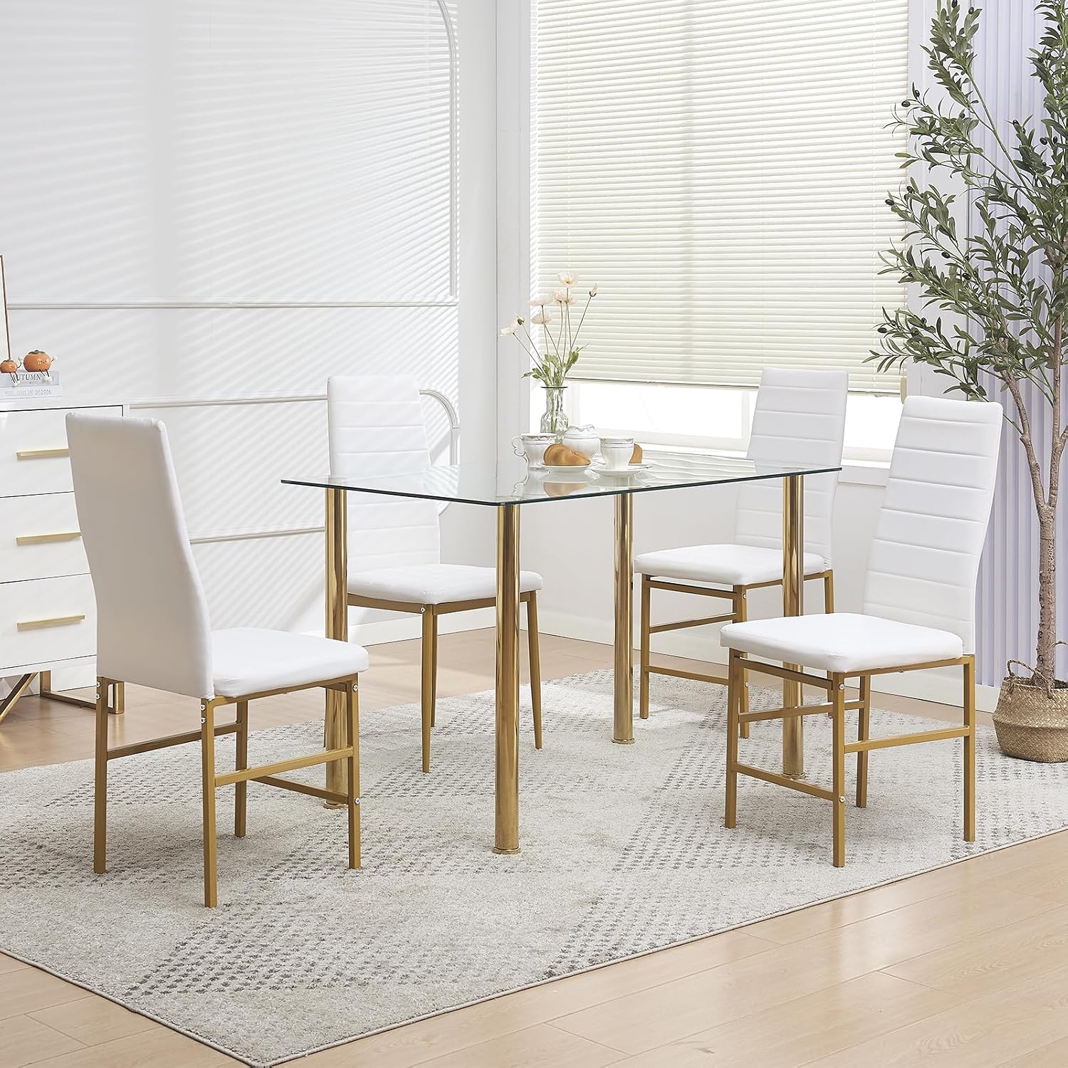 Dining Chairs Set of 4 Kitchen Chairs Armless Side Chair for Livign Room Dinner Chairs Set of 4 with Metal Frame and Legs (White/Gold Pro)