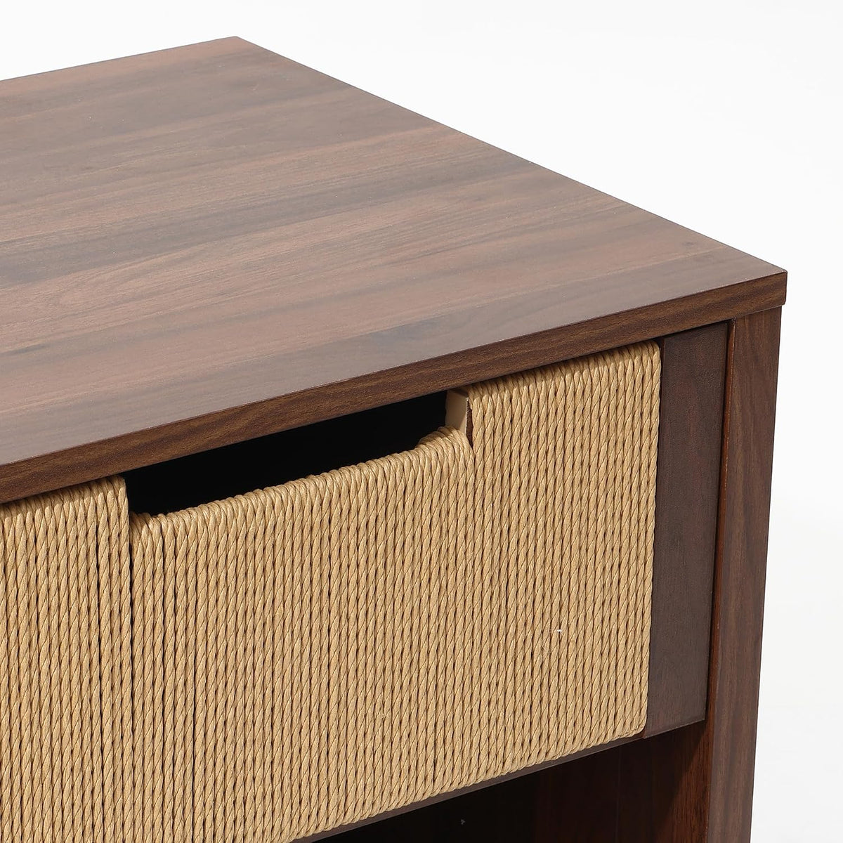 LuxenHome Nightstand with Drawer Storage, 19" Wood End Tables with Rope Front, Boho Bedside Table for Bedroom Living Room Small Sofa Couch Table for Small Space Home Office
