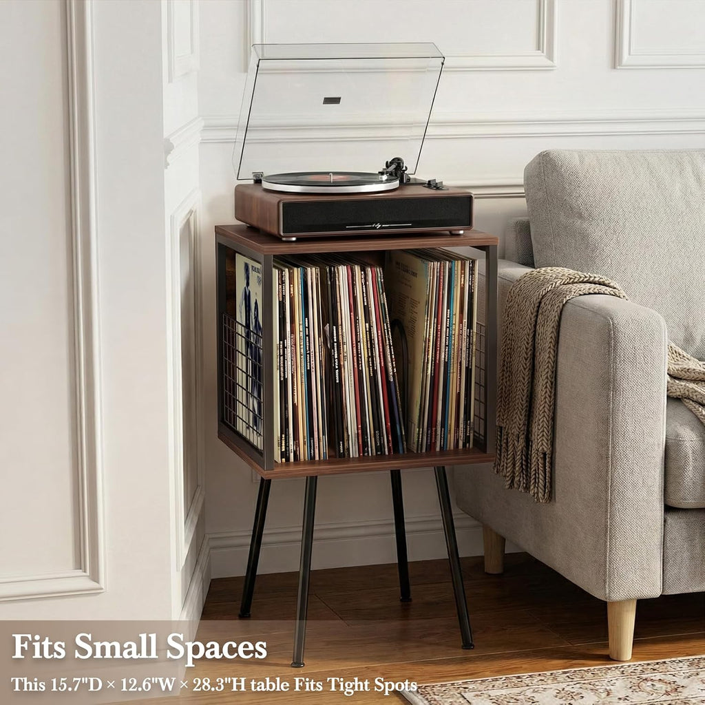 Faesun Record Player Stand with Storage Holds 100+ Vinyl Records, Industrial Turntable Stand with Storage Shelf, LP Album Organizer Cabinet for Small Spaces, Walnut End Table
