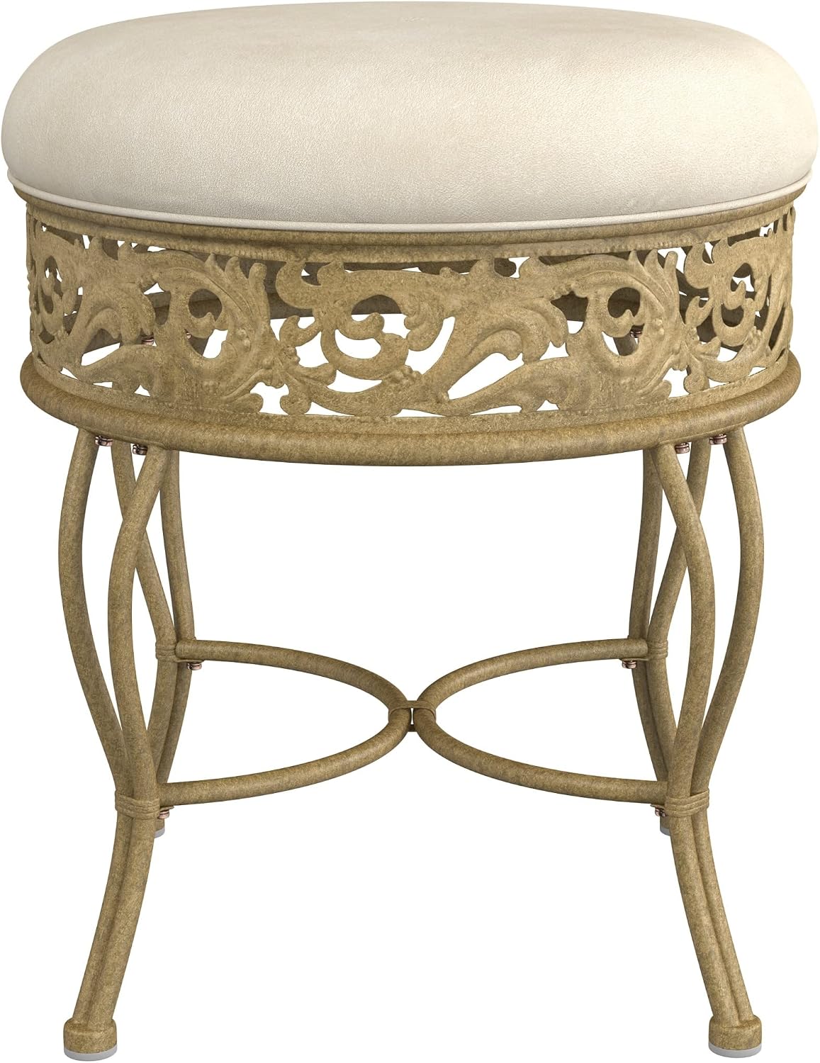 Hillsdale Villa III Backless Metal Vanity Stool with Ornate Lattice Detailing, Antique Beige