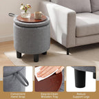 GIANTEX Round Storage Ottoman with Removable Lid & Sturdy Legs, Gray | Linen Fabric Upholstered Ottoman Foot Stool, Small Foot Rest for Living Room, Bedroom