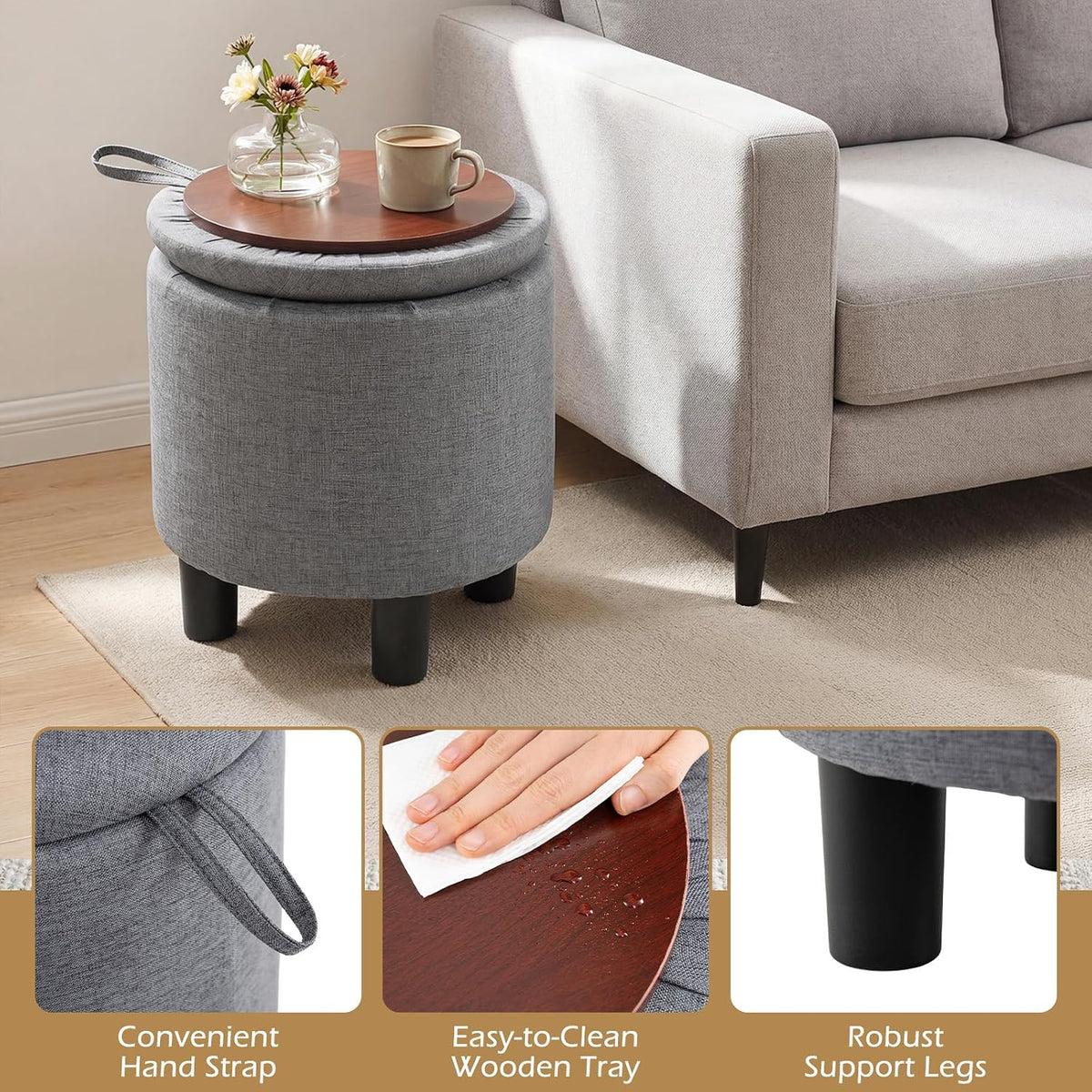 GIANTEX Round Storage Ottoman with Removable Lid & Sturdy Legs, Gray | Linen Fabric Upholstered Ottoman Foot Stool, Small Foot Rest for Living Room, Bedroom