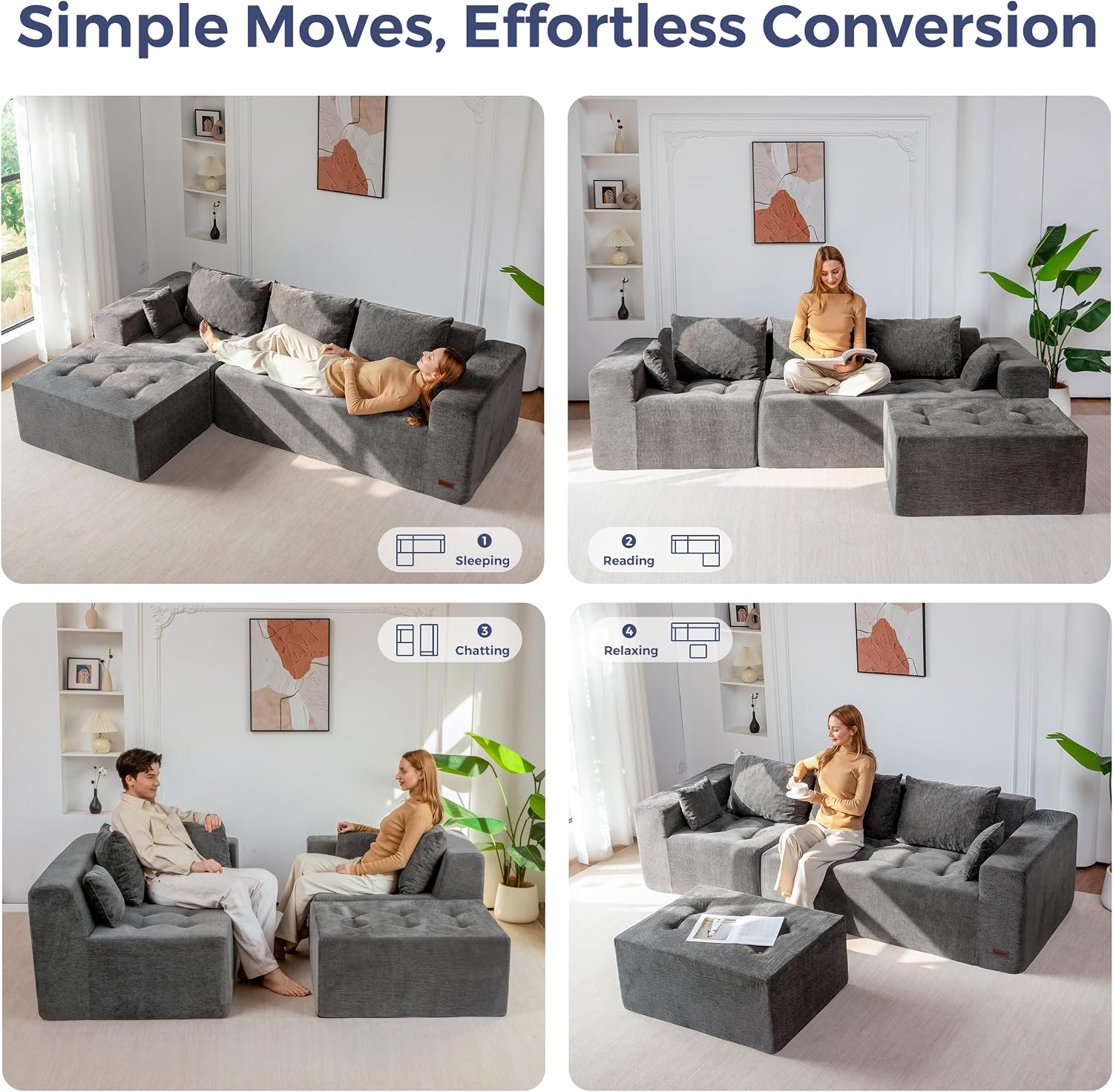 MAXYOYO Modular Sectional Sofa Couch, L Shaped Cloud Couch with Flexible Ottoman, Chenille Upholstered Living Room Sofa Chair for Living Room, No Assembly Required, Light Grey