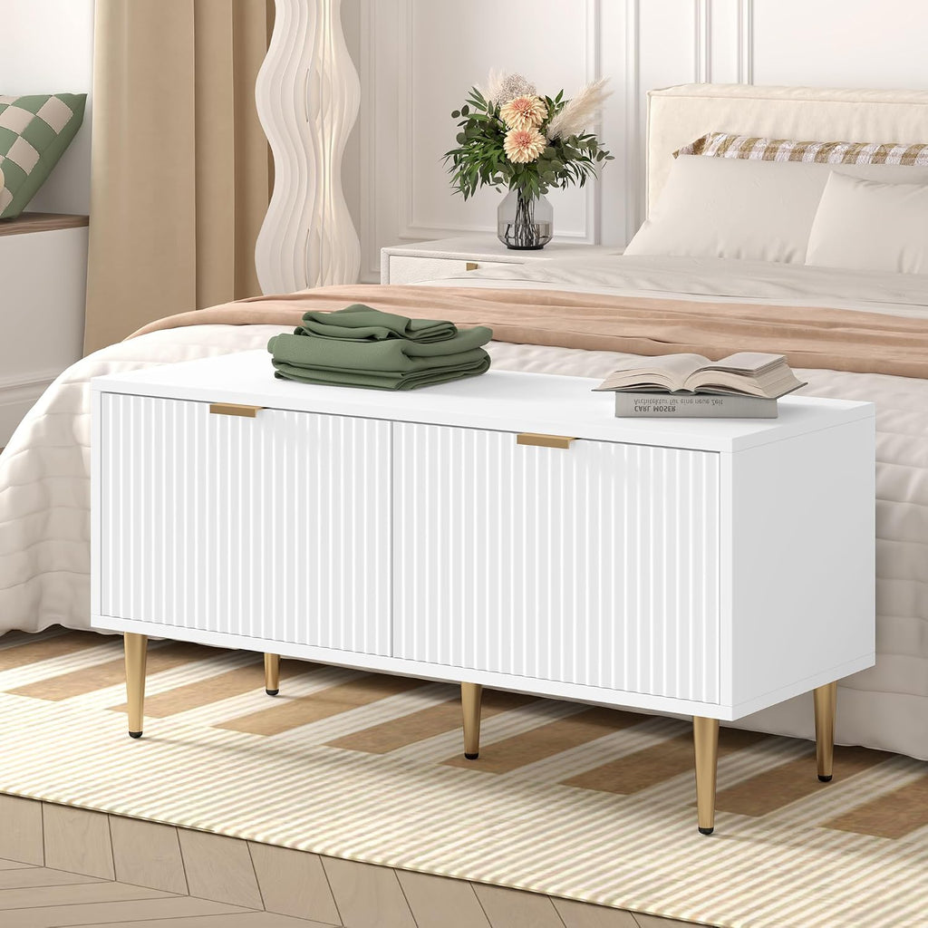Garvee Shoe Storage Bench for Entryway, Modern Fluted Shoe Cabinet with Storage, Compact Wooden Mudroom Bench for Hallway, Foyer, Entrance, Front Door, White