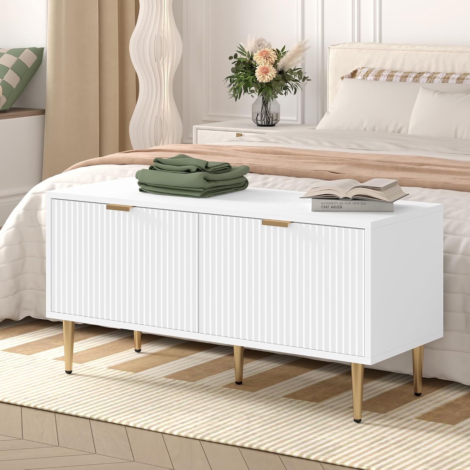 Garvee Shoe Storage Bench for Entryway, Modern Fluted Shoe Cabinet with Storage, Compact Wooden Mudroom Bench for Hallway, Foyer, Entrance, Front Door, White
