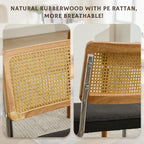 Rattan Dining Chairs Set of 4,Upholstered Mid-Century Modern Dining Room Chairs with Cane Backrest,Retro Linen Kitchen Chairs with Stainless Chrome Base,Black