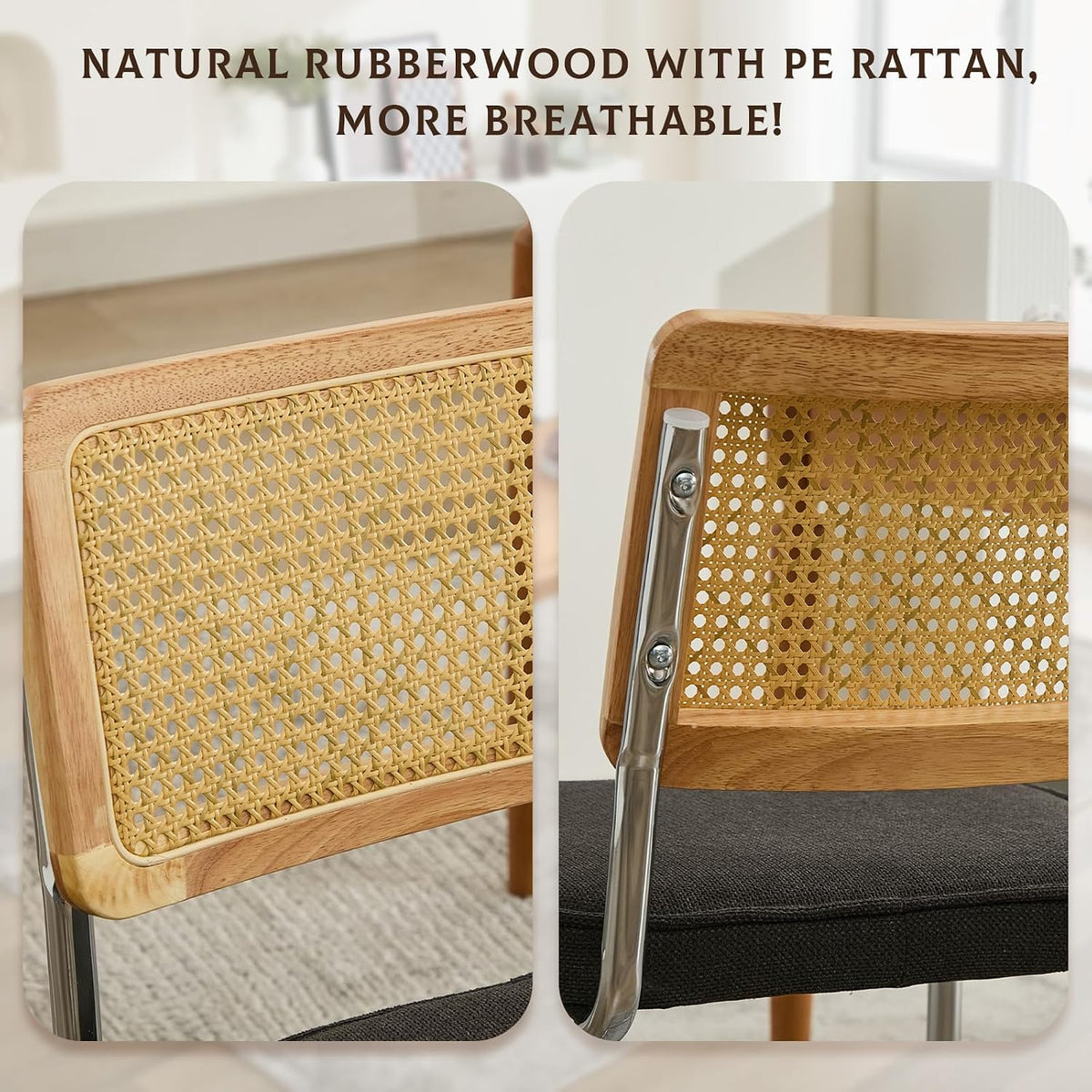 Rattan Dining Chairs Set of 4,Upholstered Mid-Century Modern Dining Room Chairs with Cane Backrest,Retro Linen Kitchen Chairs with Stainless Chrome Base,Black