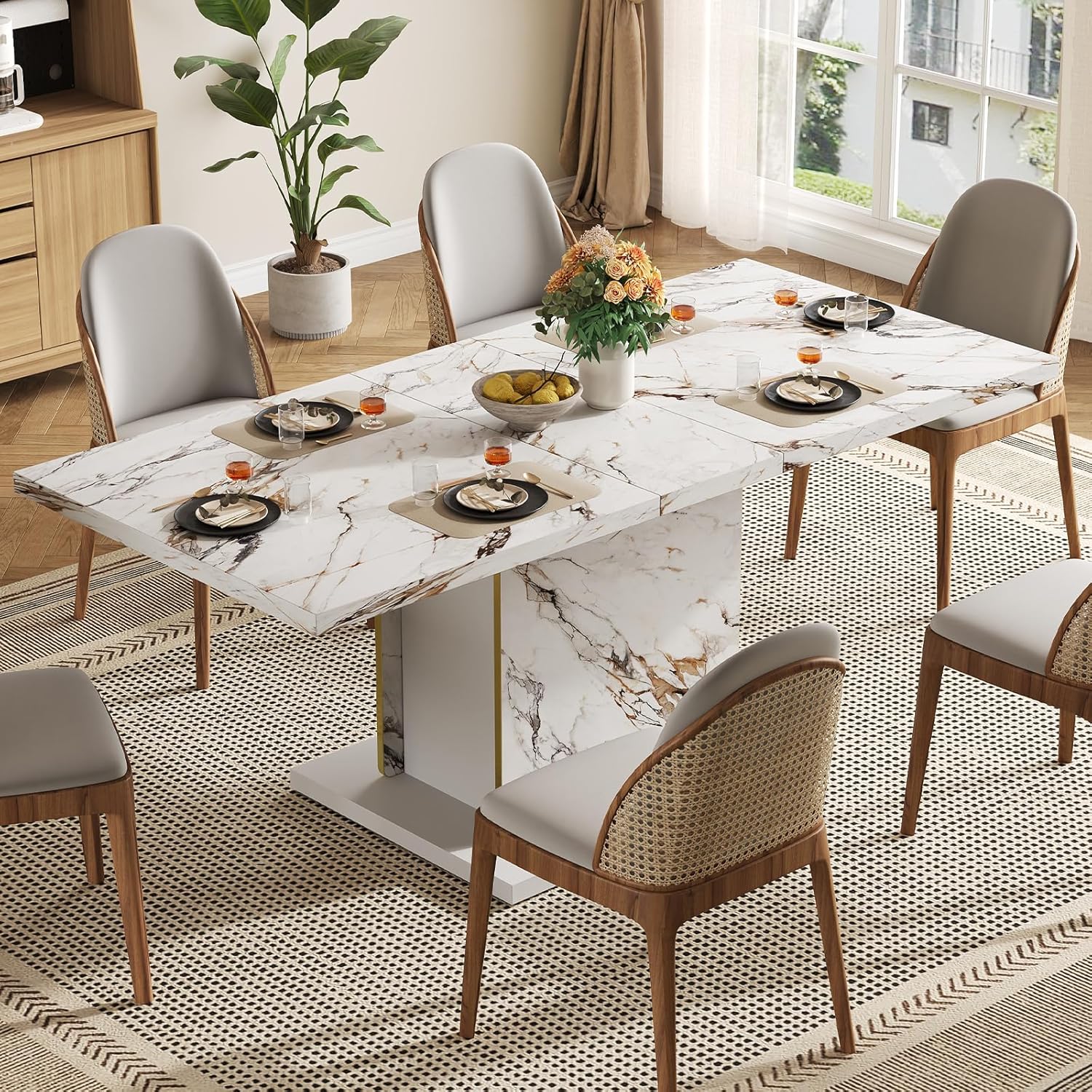 HOMISSUE 70" Faux Marble Dinner Table，Rectangle Modern White Dining Table for 6-8 People，Large Kitchen Furniture Table with Sturdy Base for Dining Room, Living Room, White