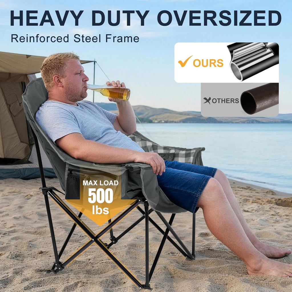 Oversized Camping Chair for Adults, 500 LBS Heavy Duty Folding Chair, Plaid | Big & Tall Adults, Padded Camping Chair, 600D Oxford Fabric, Cup Holder, Side Pocket, Lawn Chair, Beach, Fishing