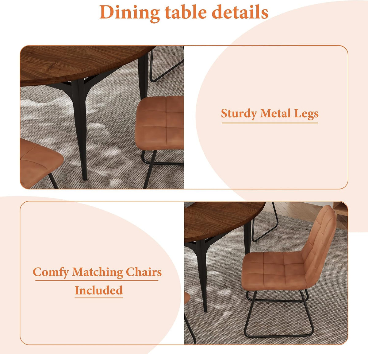 HIPIHOM Expandable Folding Dining Table Set, 55-Inch Round to Square Table with 6 Upholstered Chairs, Metal Frame, for Dining Room or Apartment (Round Table + 6 Brown Chairs)