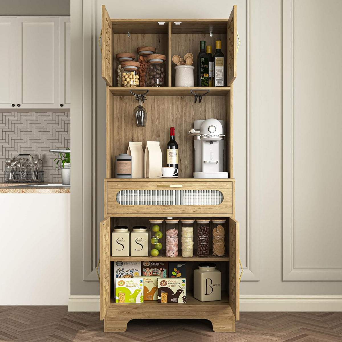 Kitchen Pantry Cabinet, Handmade Woven Wood Rustic Buffet Hutch Cabinet with Storage Drawer & Adjustable Shelf, Farmhouse Tall Cupboard Microwave Stand Coffee Bar for Kitchen, Dining Room, Living Room