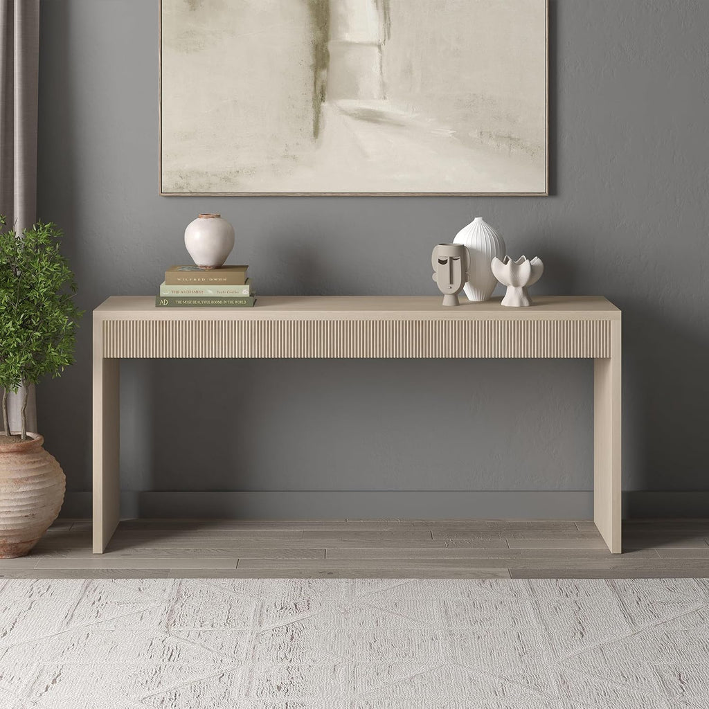 Henn&Hart 64" Rectangular Fluted Console Table, Ribbed Entryway Table, Sofa Table for Entryway, Living Room, Couch, Hallway, or Office, Beech White