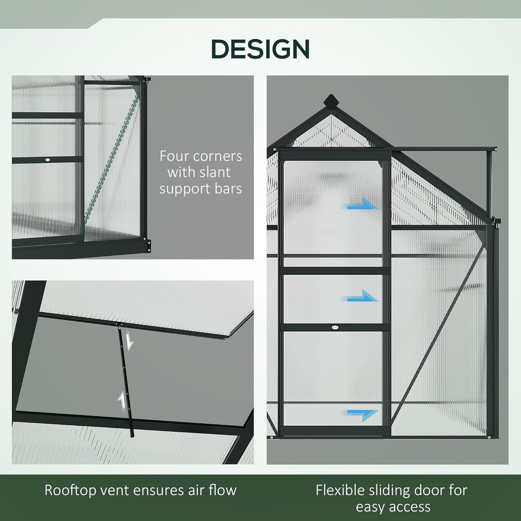 Outsunny 6' x 4' Greenhouse for Outdoors, Polycarbonate Greenhouse with Rain Gutter and Roof Vent, Aluminum Walk-in Green Houses for Outside for Patio Backyard Garden, Gray