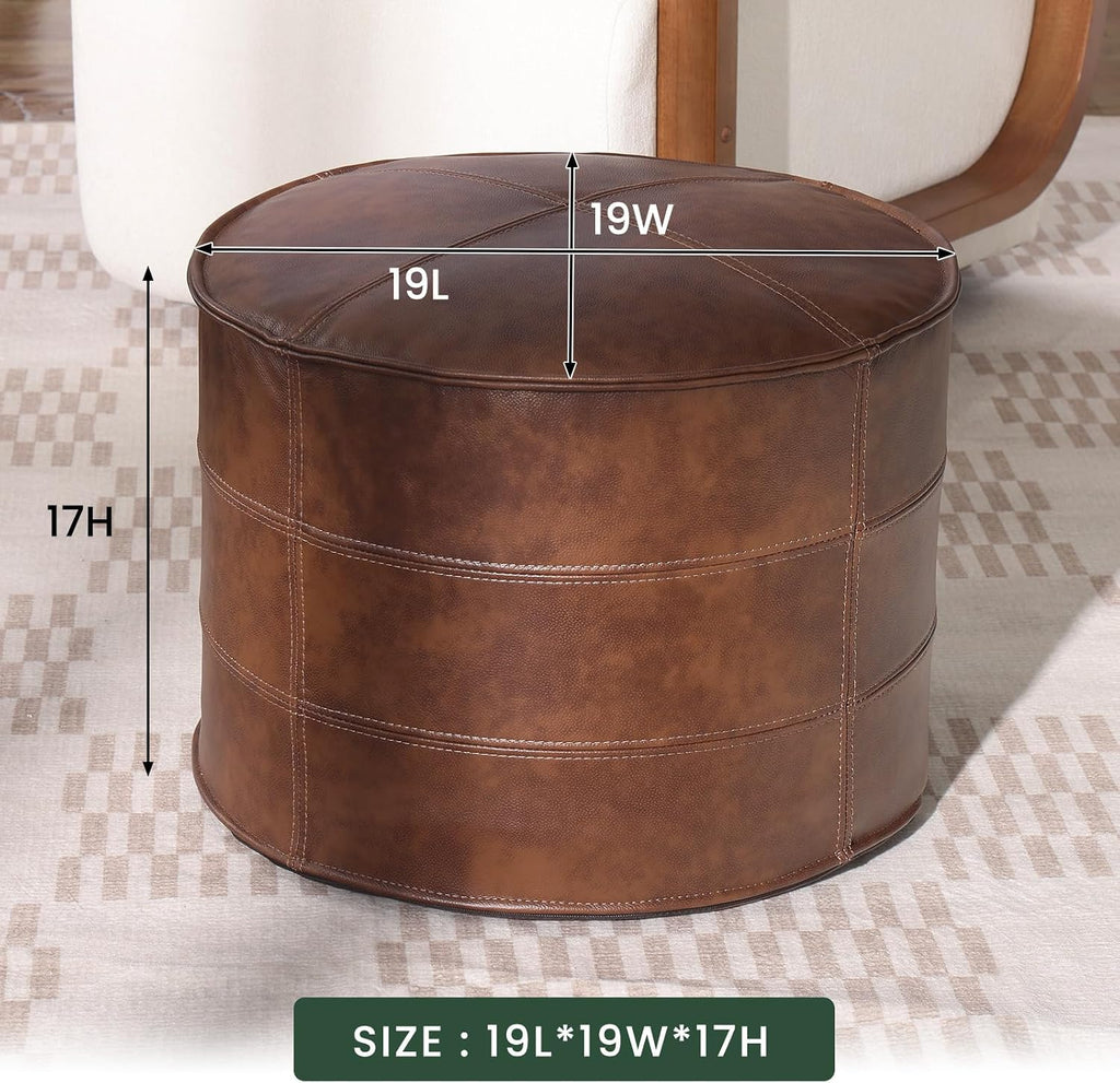 Couchus Genuine Leather Ottoman, Square Pouf Footstool (Round, Brown) | Modern Upholstered Ottoman, Floor Pouf for Living Room, Bedroom