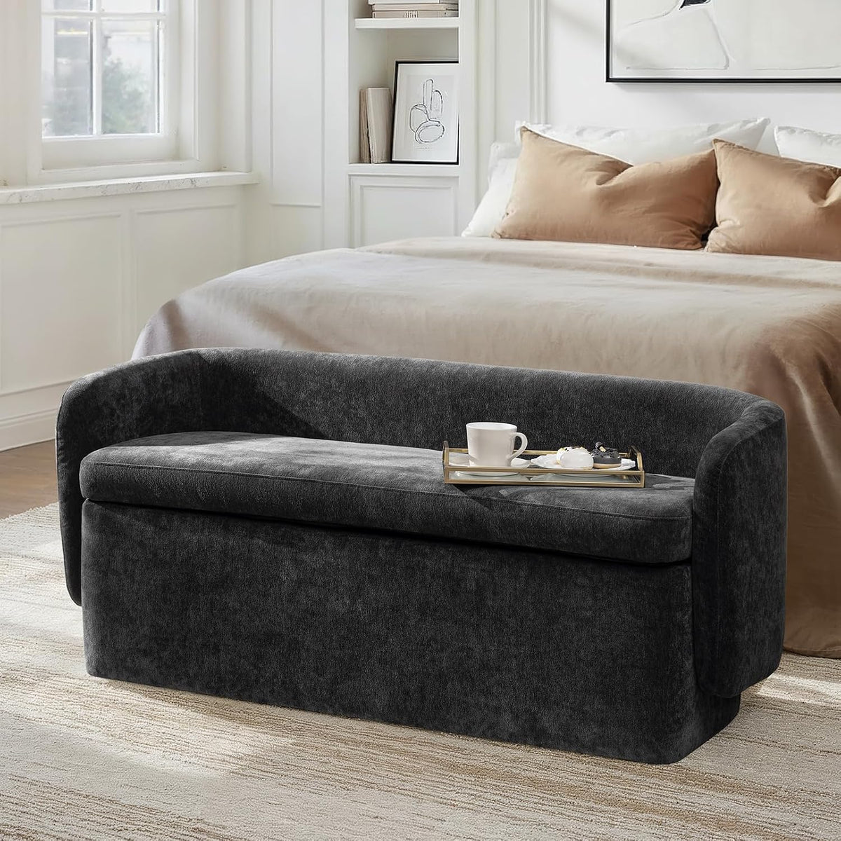 HULALA HOME 61" Bedroom Storage Bench with Low Backrest, Black | Upholstered Chenille End of Bed Bench, Large Storage Ottoman with Seating for Living Room