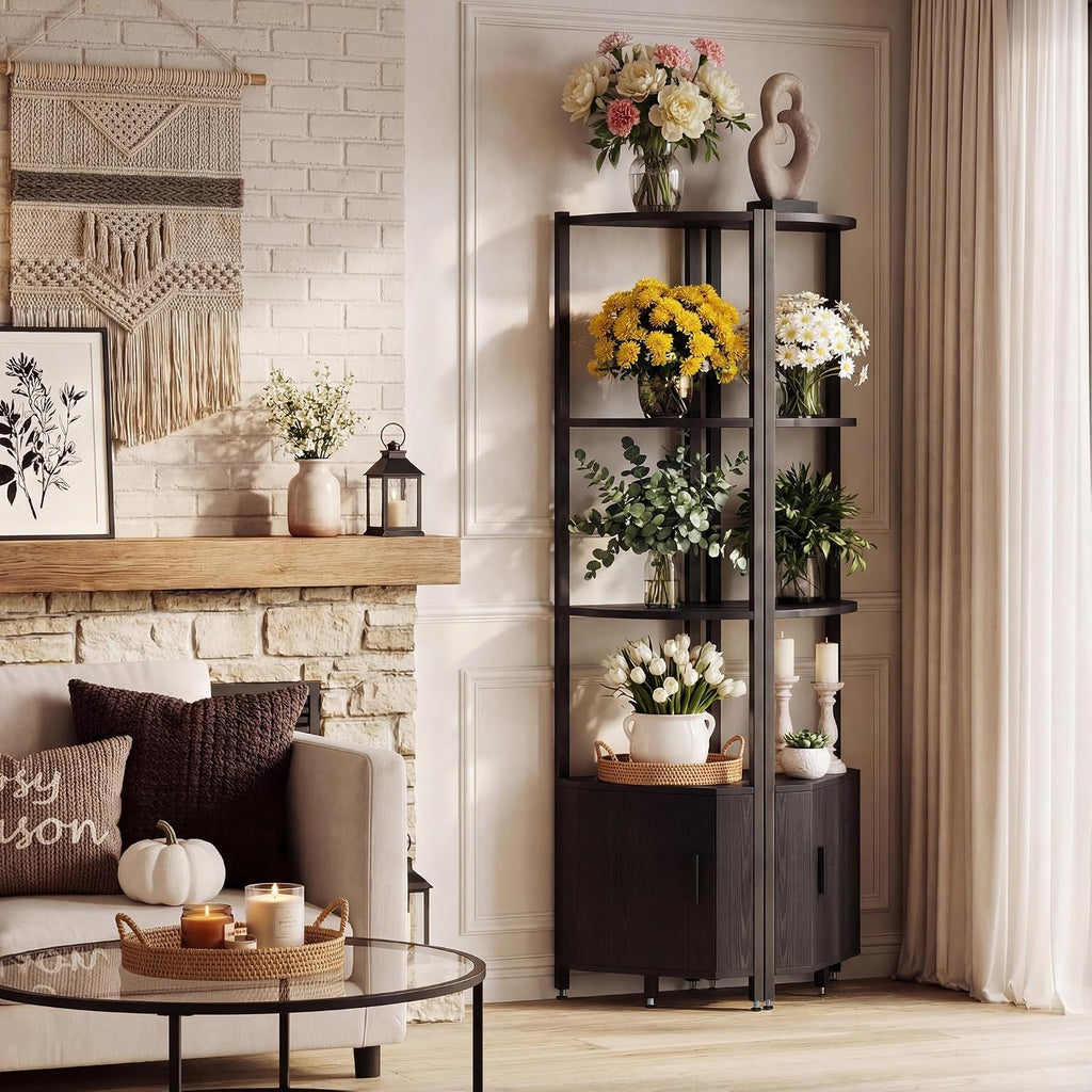 Corner Shelf with Storage, LED Lights 6-Tier Corner Bookshelf, 66'' Organizer Book Shelf Shelves Steel Frame Display Stand with Living Room, Bedroom, Study, Black