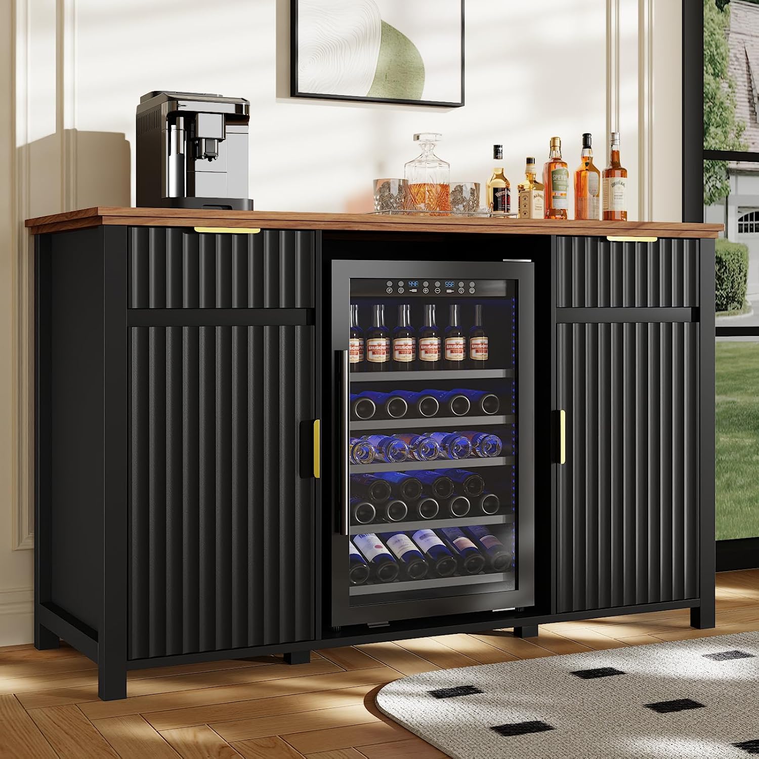 Coffee Bar with Mini Fridge Space & Charging Station, Modern Fluted Mini Fridge Cabinet, Large Bar Cabinet with Wine & Beverage Storage for Kitchen, Dining Room or Living Room