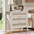 LEYAOYAO 31.5" Wide Rattan Nightstand, Large Boho 3 Drawer Night Stand | Grey White Bedside Table with Storage, Tall Bed Side End Tables for Bedroom, Living Room, Hallway